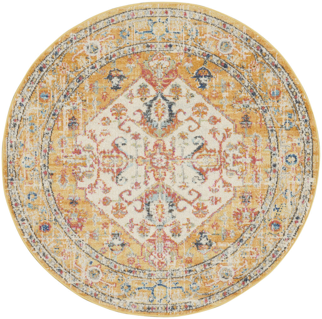 5' Yellow and Ivory Round Floral Medallion Shag Area Rug