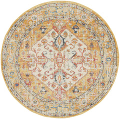 5' Yellow and Ivory Round Floral Medallion Shag Area Rug