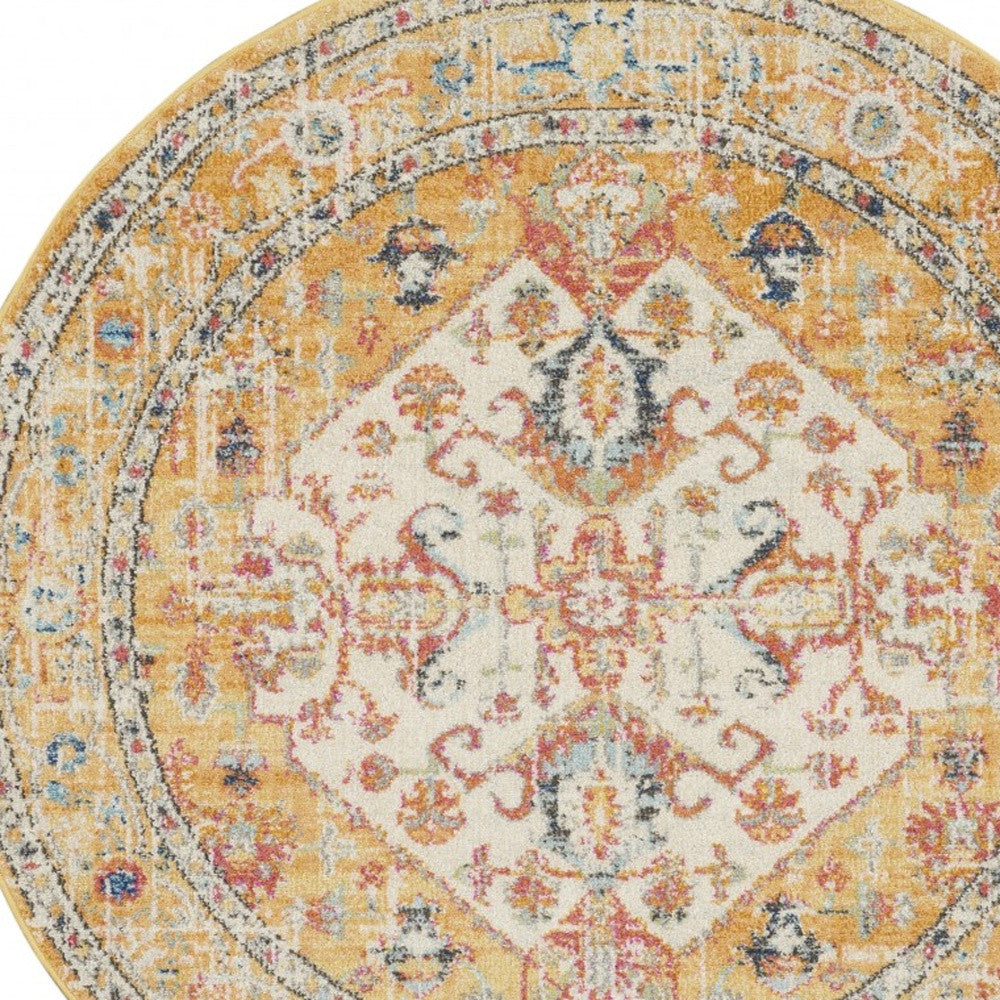 5' Yellow and Ivory Round Floral Medallion Shag Area Rug