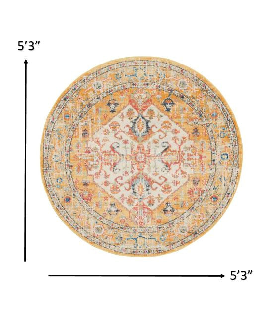 5' Yellow and Ivory Round Floral Medallion Shag Area Rug