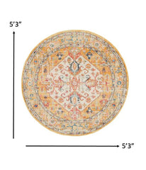 5' Yellow and Ivory Round Floral Medallion Shag Area Rug