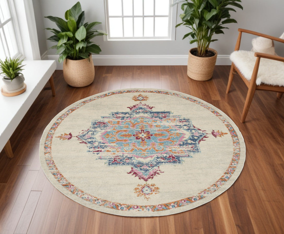 8' Gray And Ivory Round Power Loom Area Rug