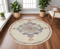 8' Gray And Ivory Round Power Loom Area Rug