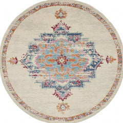 8' Gray And Ivory Round Power Loom Area Rug