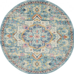 5' Blue And Ivory Round Dhurrie Area Rug