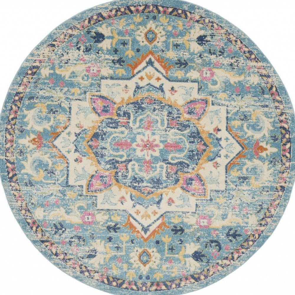 8' Blue And Ivory Round Dhurrie Area Rug