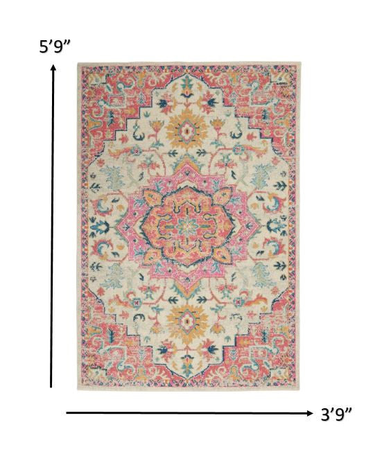 4' X 6' Pink And Ivory Southwestern Dhurrie Area Rug