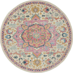 5' Pink And Ivory Round Southwestern Dhurrie Area Rug