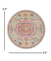 5' Pink And Ivory Round Southwestern Dhurrie Area Rug