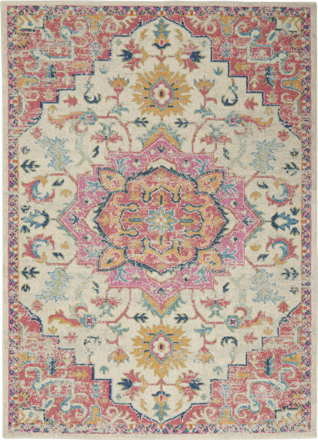 7' X 10' Pink And Ivory Southwestern Dhurrie Area Rug - Homeroots