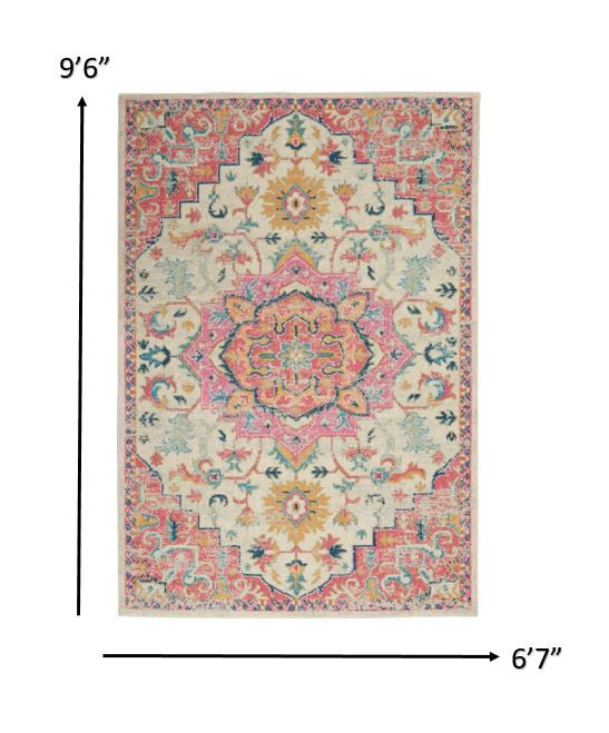 7' X 10' Pink And Ivory Southwestern Dhurrie Area Rug - Homeroots