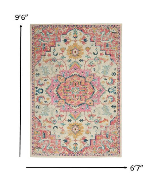 7' X 10' Pink And Ivory Southwestern Dhurrie Area Rug