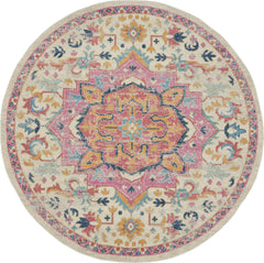 8' Pink And Ivory Round Southwestern Dhurrie Area Rug