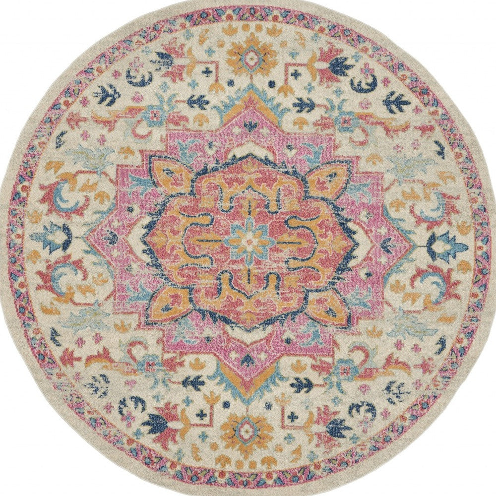 8' Pink And Ivory Round Southwestern Dhurrie Area Rug