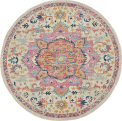 8' Pink And Ivory Round Southwestern Dhurrie Area Rug