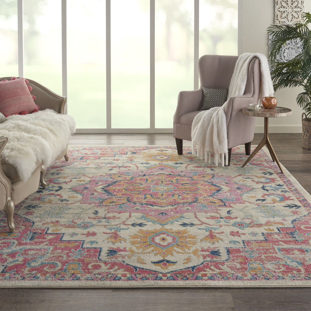 8' X 10' Pink And Ivory Southwestern Dhurrie Area Rug