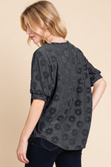 BOMBOM Textured Floral Pattern Top - Trendsi