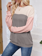 Color Block Round Neck Long Sleeve Sweatshirt - Trendsi