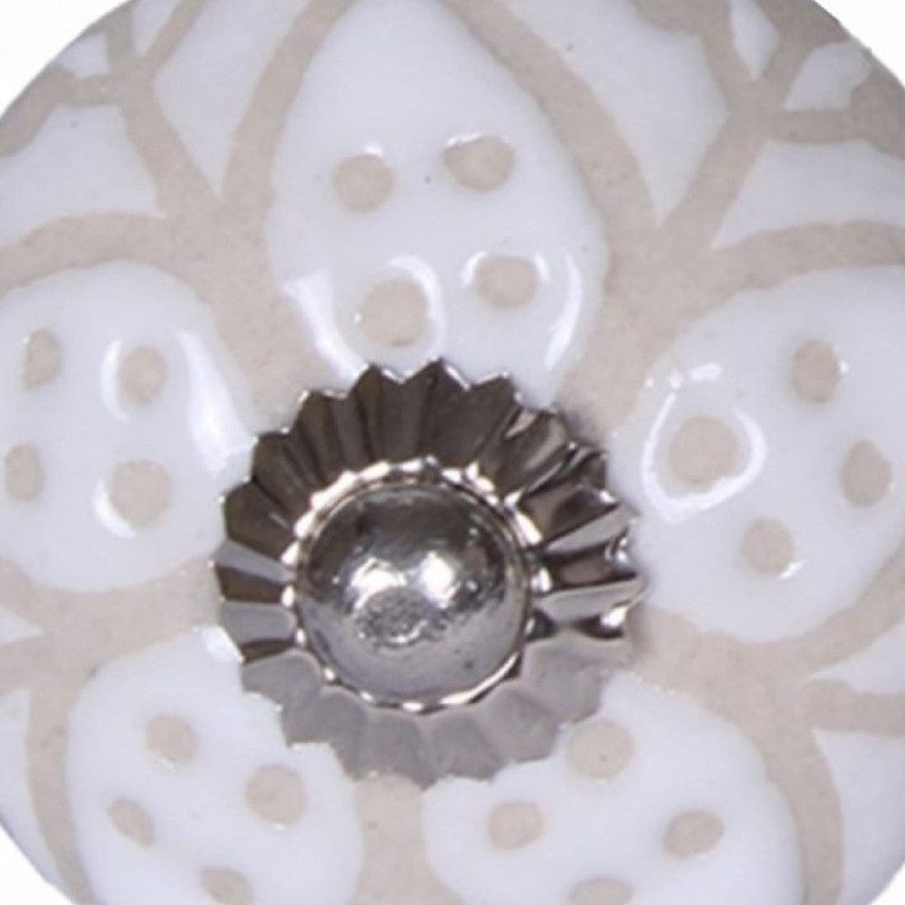 Set Of Twelve Vintage Beige And White Floral Ceramic Knobs - Homeroots