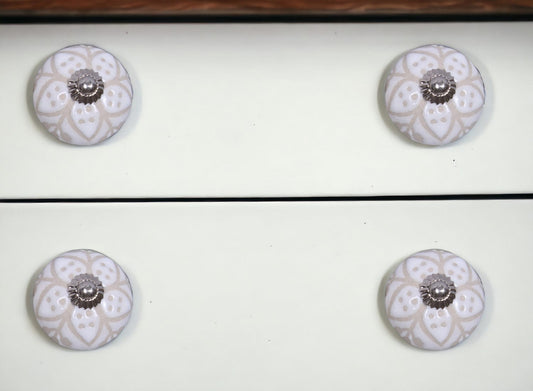 Set Of Twelve Vintage Beige And White Floral Ceramic Knobs