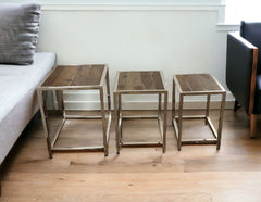 Set of Three 21" Silver And Brown Solid Wood Nested Tables