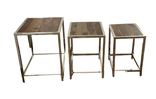 Set of Three 21" Silver And Brown Solid Wood Nested Tables