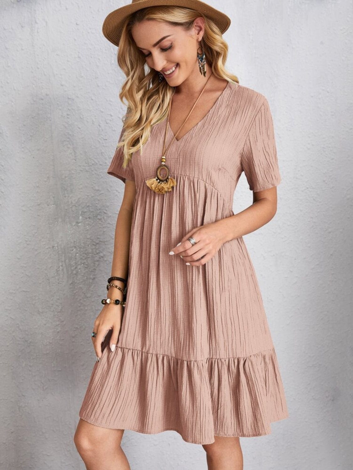 Full Size V-Neck Short Sleeve Dress - Trendsi