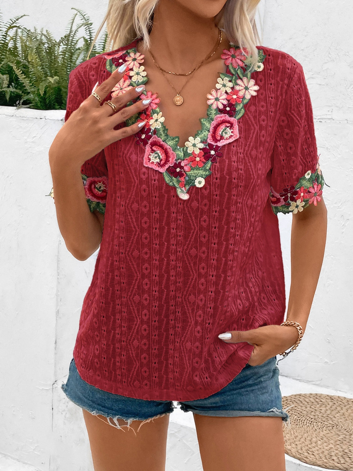 Eyelet Embroidered V-Neck Short Sleeve Blouse Trendsi