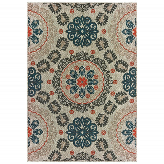 3' X 5' Blue and Gray Damask Indoor Outdoor Area Rug