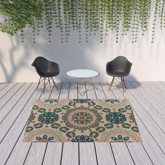 7' X 9' Blue and Gray Damask Indoor Outdoor Area Rug - Homeroots