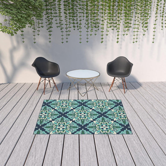 5' X 8' Blue and Green Indoor Outdoor Area Rug - Homeroots