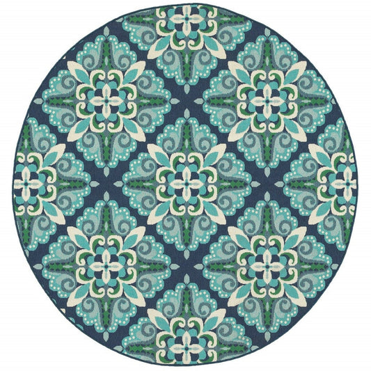 8' X 8' Blue and Green Round Indoor Outdoor Area Rug - Homeroots