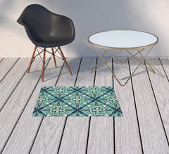 2' X 3' Blue and Green Floral Indoor Outdoor Area Rug