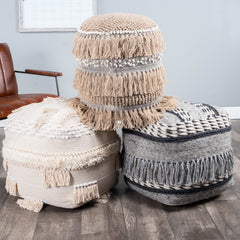 18" Beige Round Pouf Ottoman - Homeroots