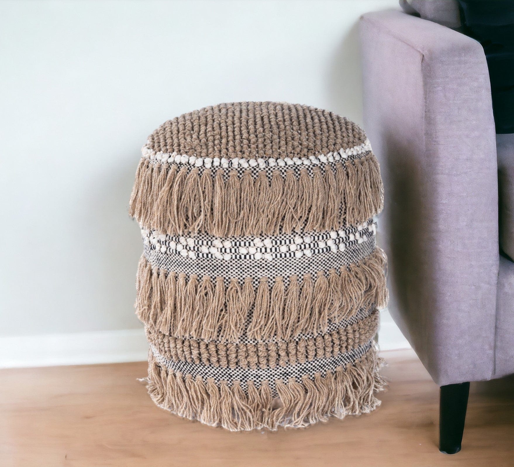 18" Beige Round Pouf Ottoman - Homeroots