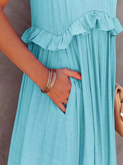 Ruffled Sleeveless Tiered Maxi Dress with Pockets Trendsi