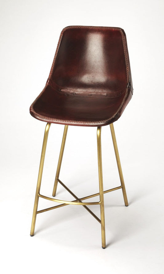 26" Brown And Gold Leather And Iron Bar Chair - Homeroots