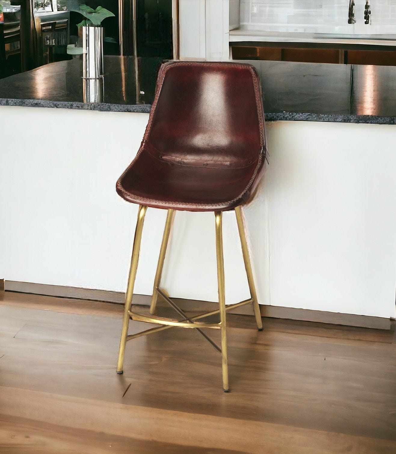 26" Brown And Gold Leather And Iron Bar Chair - Homeroots