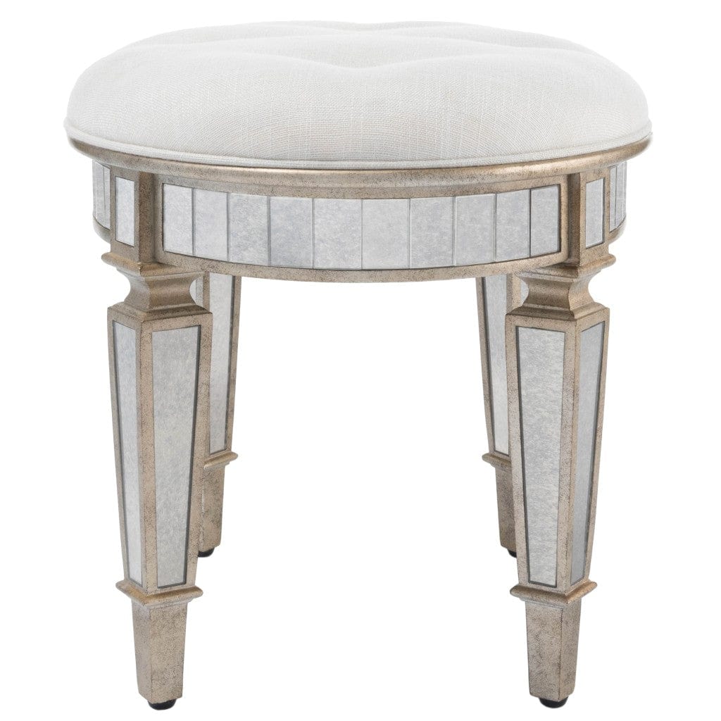 24" Cream Linen And Silver Metallic Round Ottoman - Homeroots