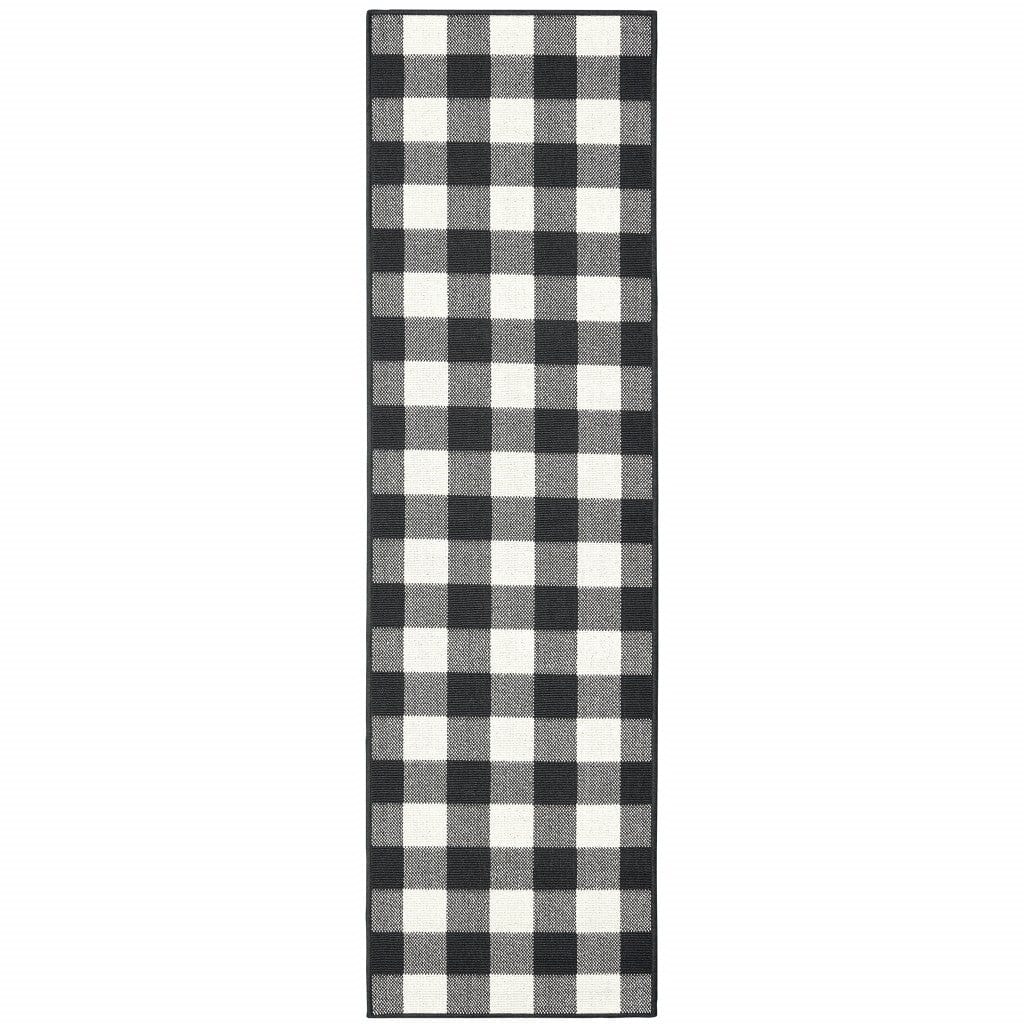 2' X 8' Black and Ivory Indoor Outdoor Area Rug