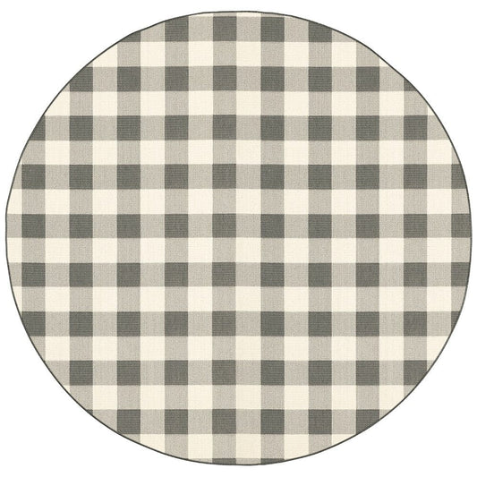 8' Round Gray and Ivory Round Gingham Stain Resistant Indoor Outdoor Area Rug - Homeroots