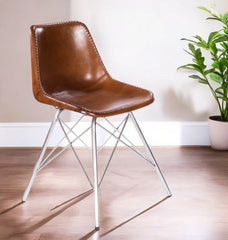 19" Brown And Silver Faux Leather Side Chair - Homeroots