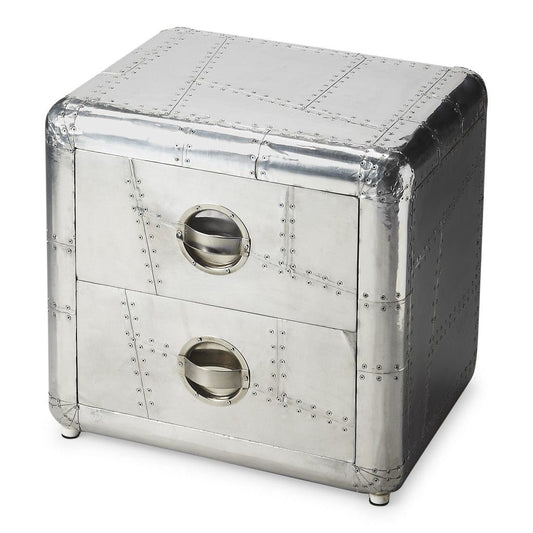 20" Silver Aluminum End Table With Two Drawers - Homeroots