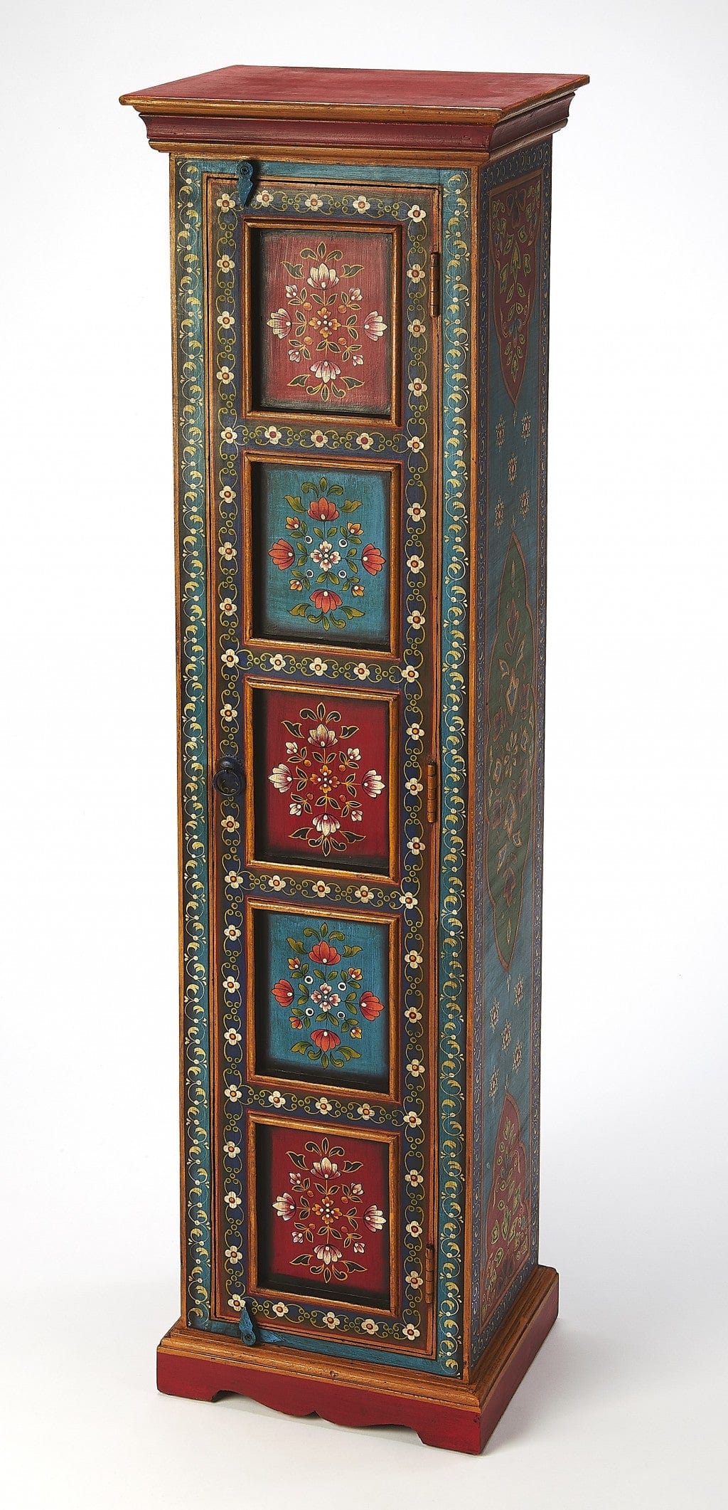 60" Red Blue and Gold Hand Painted Accent Cabinet