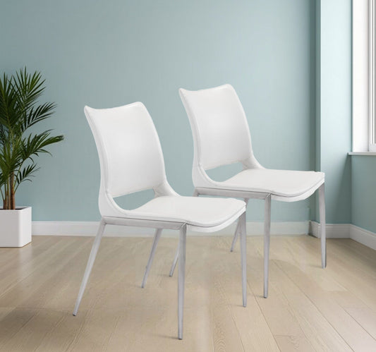 Set of Two White And Silver Upholstered Faux Leather Dining Side Chairs