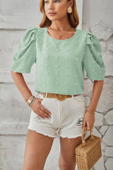 Swiss Dot Round Neck Short Sleeve Blouse Trendsi