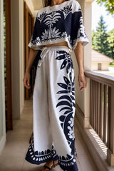 Printed Half Sleeve Top and Wide Leg Pants Set - Trendsi