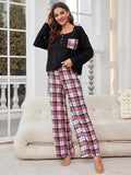 Round Neck Long Sleeve Top and Plaid Pants Lounge Set