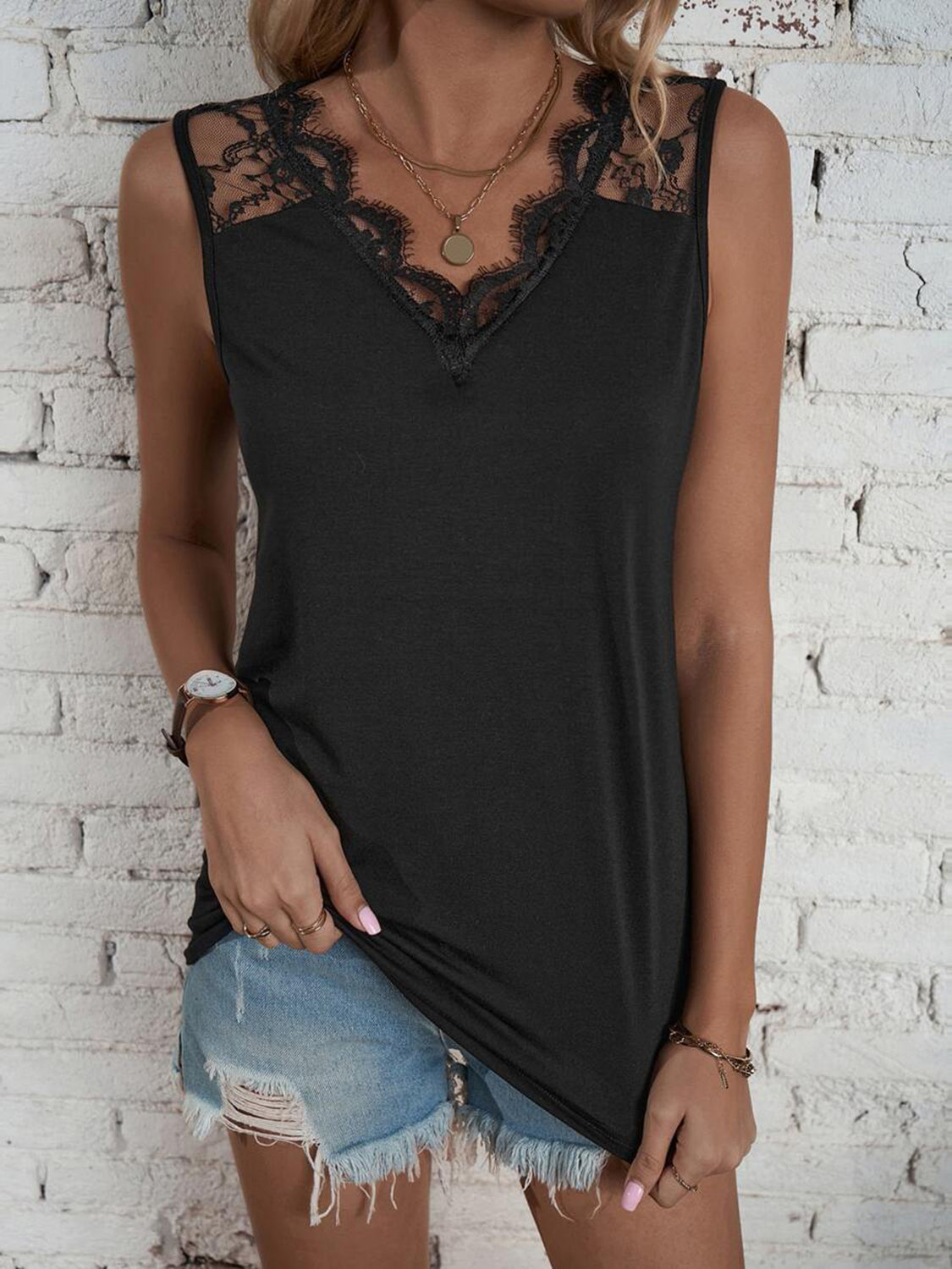 Lace Detail V-Neck Tank - Flyclothing LLC