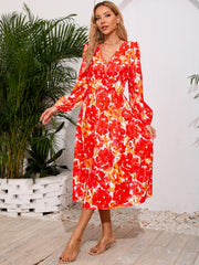 Printed Surplice Long Sleeve Midi Dress